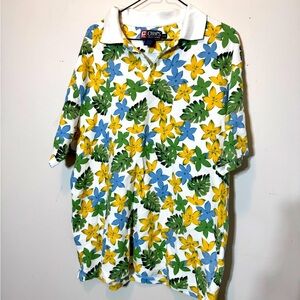 Chaps Ralph Lauren Polo Shirt Mens L White Yellow Blue Floral Cotton Hawaiian